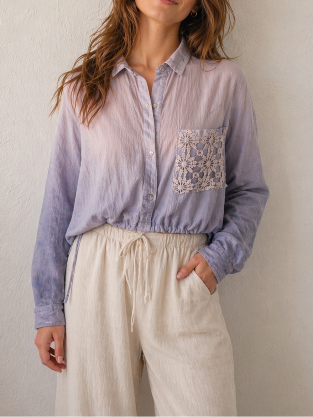Upcycled Light Blue Tie-Dye Button-Up Shirt Small Lace Trim Coastalcore